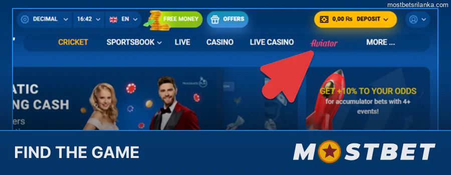 Go to the Mostbet "Casino" tab and find the Aviator game
