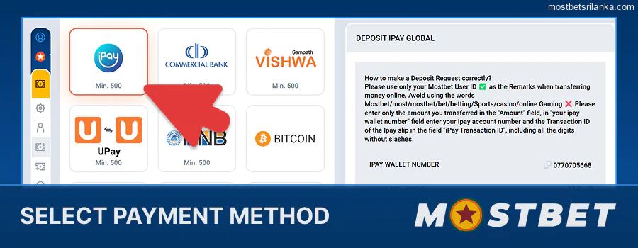 Select your payment method for Mostbet deposit