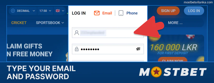 Enter your details to log into your Mostbet account