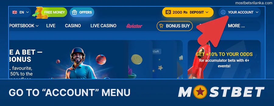 Open the 'Account' menu at the top right of Mostbet
