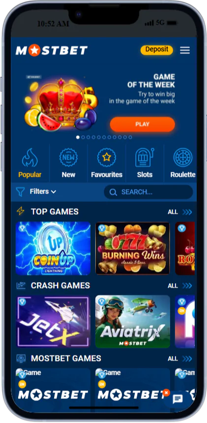 Screenshot of the casino page in the Mostbet app